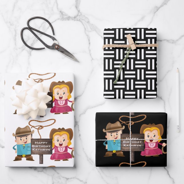 Personalized Cowgirl & Cowboy Wrapping Paper Sheet (Front)