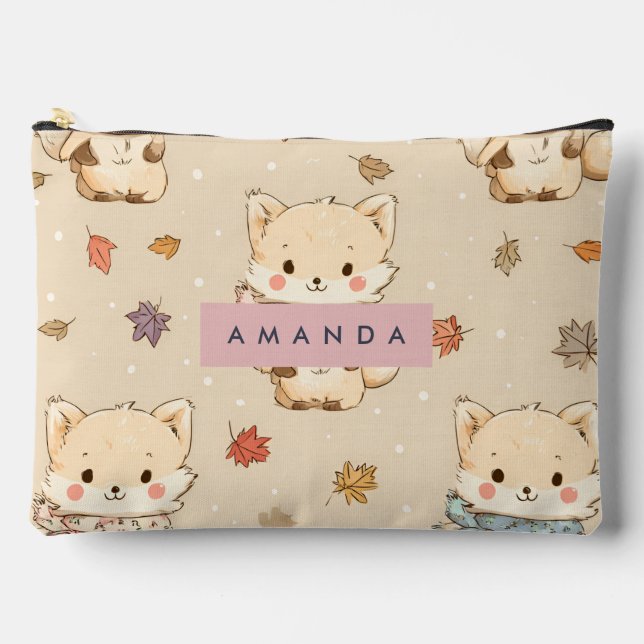 Personalized Cozy Autumn Fox with Scarf Pattern Accessory Pouch (Front)