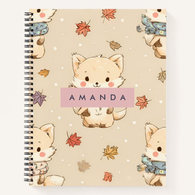 Personalized Cozy Autumn Fox with Scarf Pattern Notebook (Front)