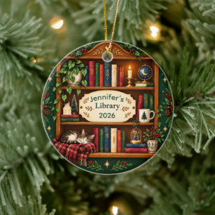 Personalized Cozy Bookshelf Library Christmas Ceramic Ornament