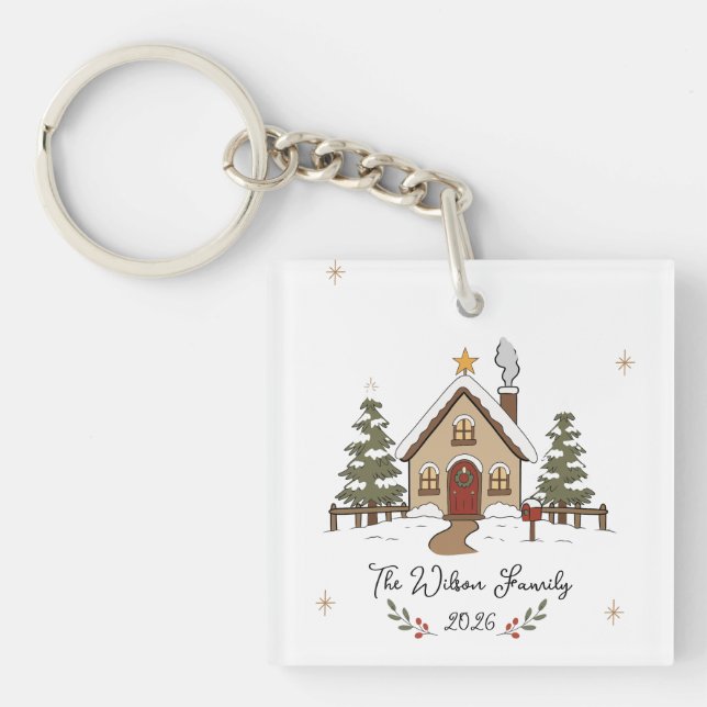Personalized Cozy Christmas Cottage  Keychain (Front)