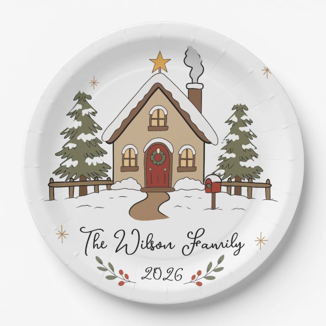 Personalized Cozy Christmas Cottage  Paper Plate (Front)