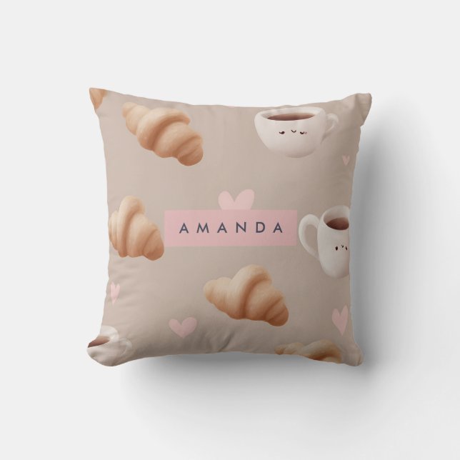 Personalized Cozy Croissant and Coffee Pattern Throw Pillow (Front)