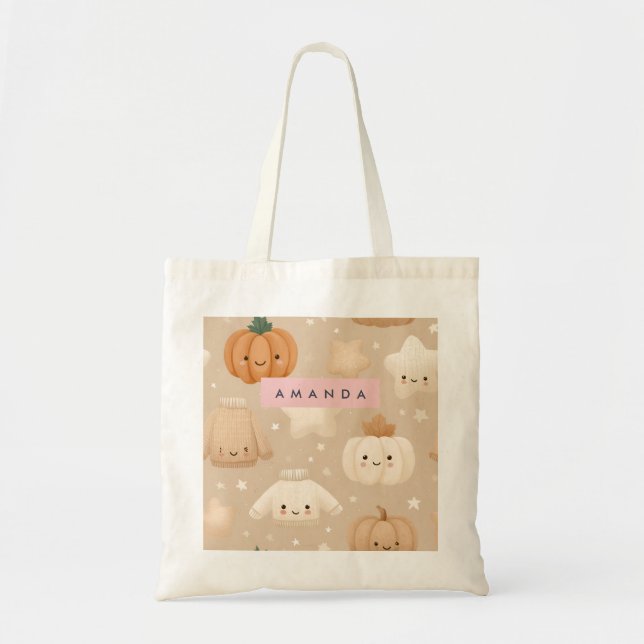 Personalized Cozy Fall  Autumn Neutral Pumpkin  Tote Bag (Front)