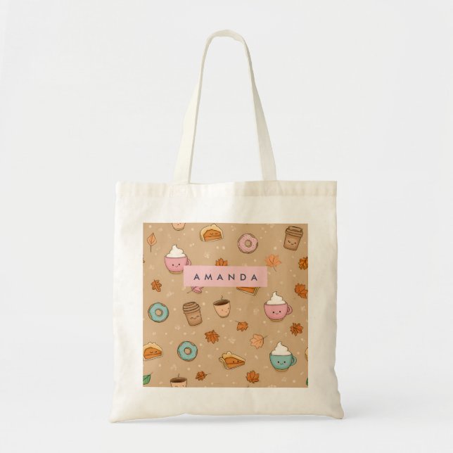 Personalized Cozy Fall Autumn Pumpkin Pie Doughnut Tote Bag (Front)