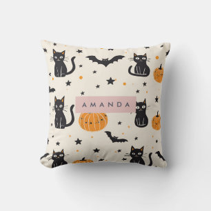 Personalized Cozy Fall Halloween Black Cat Pumpkin Throw Pillow