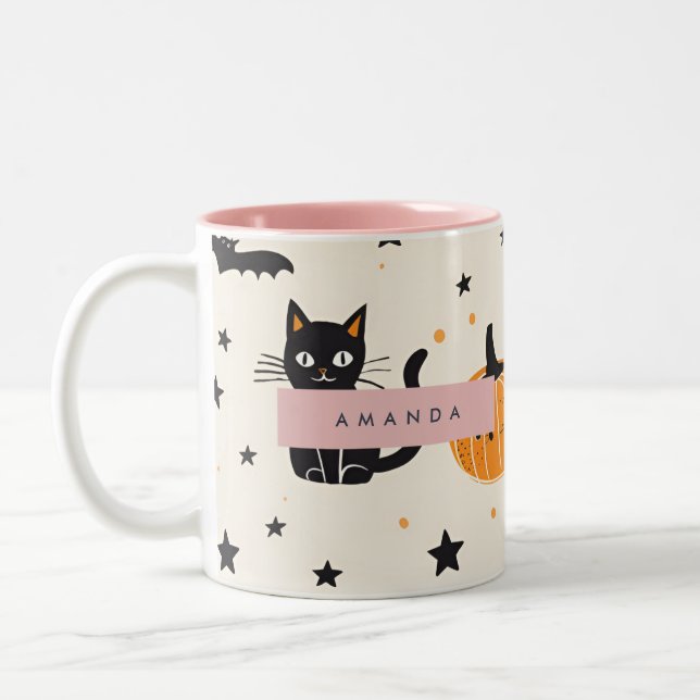 Personalized Cozy Fall Halloween Black Cat Pumpkin Two-Tone Coffee Mug (Left)