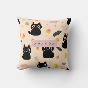 Personalized Cozy Fall Halloween Cute Black Cat Throw Pillow