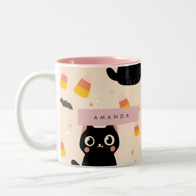 Personalized Cozy Fall Halloween Cute Black Cat  Two-Tone Coffee Mug (Left)