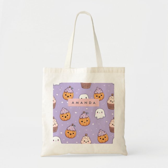 Personalized Cozy Fall Halloween Pumpkin Cupcake Tote Bag (Front)