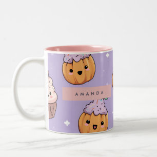 Personalized Cozy Fall Halloween Pumpkin Cupcake Two-Tone Coffee Mug