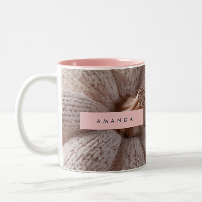 Personalized Cozy Knit Pumpkin Aesthetic Two-Tone Coffee Mug (Left)
