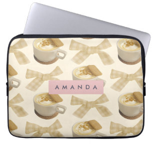 Personalized Cozy Latte & Gingham Bow Pattern Laptop Sleeve