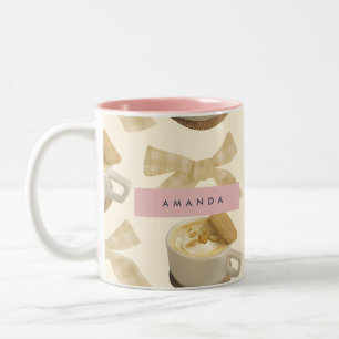 Personalized Cozy Latte & Gingham Bow Pattern Two-Tone Coffee Mug