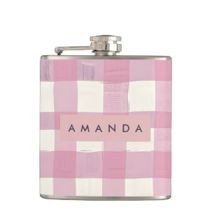 Personalized Cozy Pink Chequered Design Hip Flask