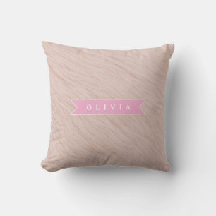 Personalized cozy pink fuzzy faux fur texture throw pillow