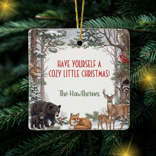 Personalized Cozy Woodland Animal Christmas Ceramic Ornament