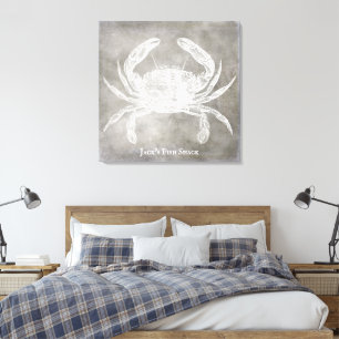 Personalized Crab Watercolor Neutral Coastal Canvas Print