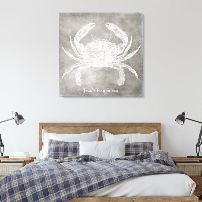 Personalized Crab Watercolor Neutral Coastal Canvas Print (Insitu(Bedroom))