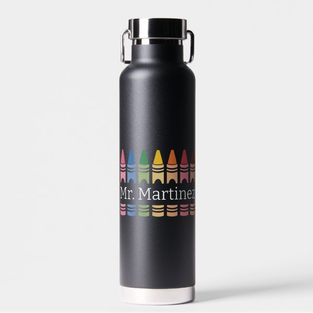 Personalized Crayon Teacher Name Cute Back School Water Bottle (Front)