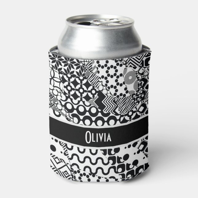 Personalized, Crazy Black & White Pattern 7 Can Cooler (Can Front)