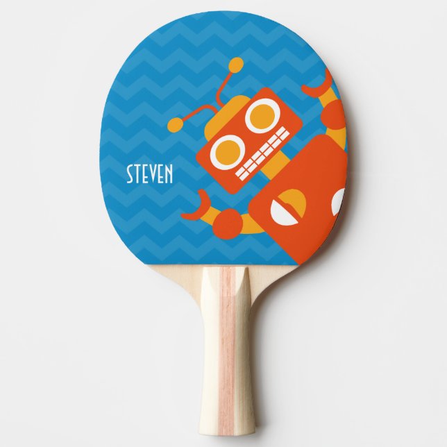 Personalized Crazy Fun Orange Robot Blue Chevron Ping Pong Paddle (Front)