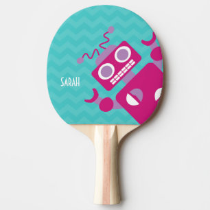Personalized Crazy Fun Pink Robot Teal Chevron Ping Pong Paddle