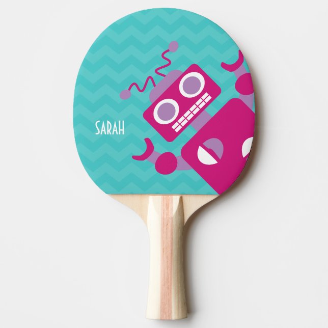 Personalized Crazy Fun Pink Robot Teal Chevron Ping Pong Paddle (Front)