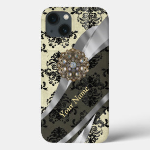 Personalized cream and black damask iPhone 13 case