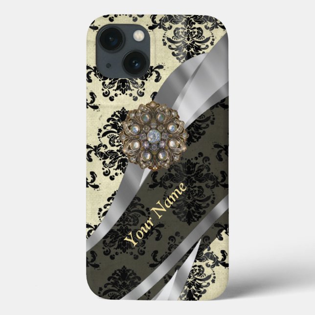Personalized cream and black damask Case-Mate iPhone case (Back)