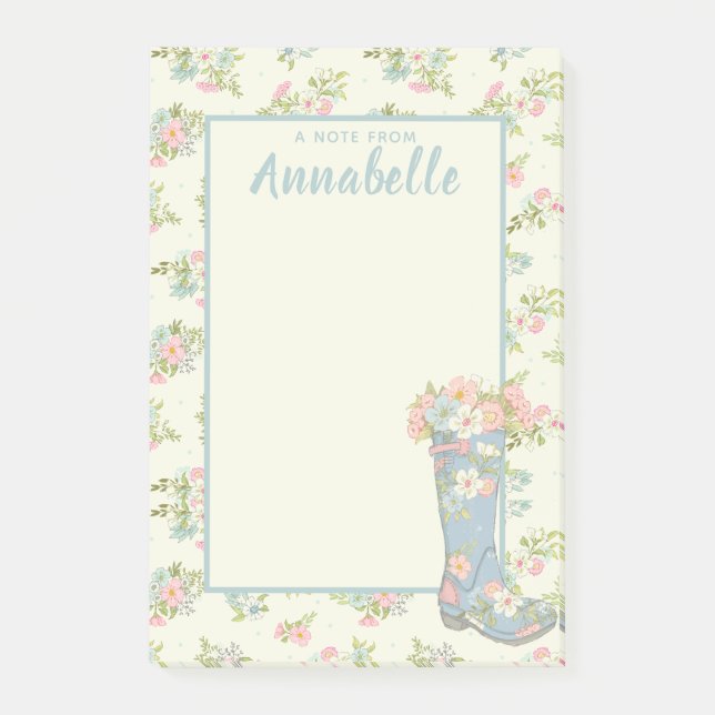 Personalized Cream and Blue Floral Rain Boot Post-it Notes (Front)