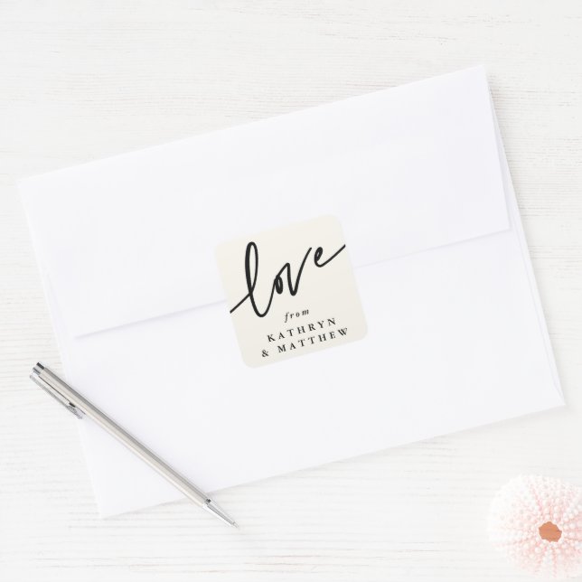 Personalized Cream + Black 'Love' Script Font  Square Sticker (Envelope)