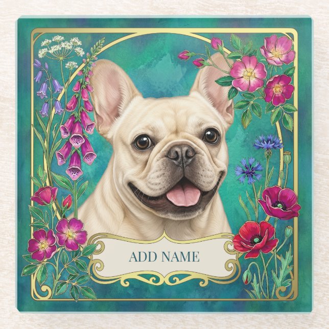 Personalized Cream French Bulldog Teal Coaster (Front)