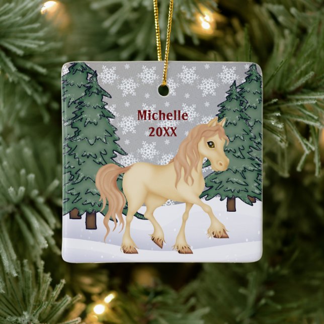 Personalized Cream Horse Winter Forest Christmas Ceramic Ornament (Tree)