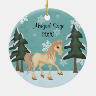 Personalized Cream Horse ~ Winter Forest Christmas Ceramic Ornament