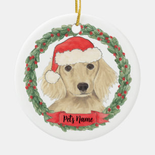 Personalized Cream Long Haired Dachshund Christmas Ceramic Ornament