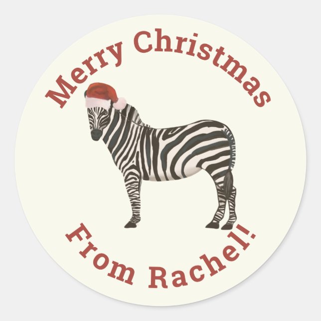 Personalized Cream Merry Christmas Santa Zebra Classic Round Sticker (Front)