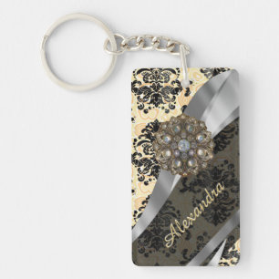 Personalized cream pretty girly damask pattern keychain