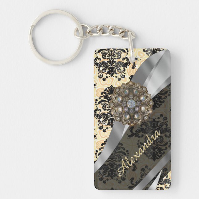 Personalized cream pretty girly damask pattern keychain (Front)