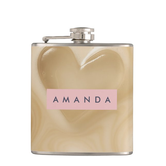 Personalized Creamy Coffee Heart Swirl Hip Flask (Front)