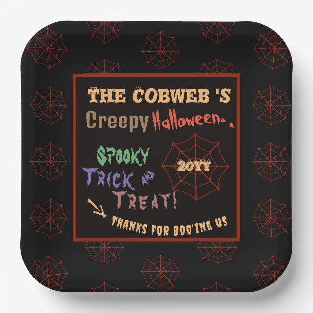 Personalized Creepy Colourful Halloween Spider Web Paper Plate (Front)