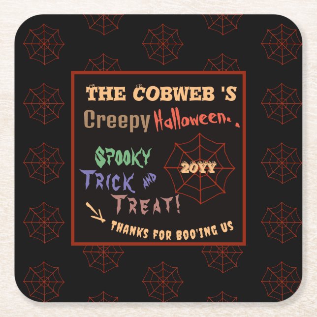 Personalized Creepy Colourful Halloween Spider Web Square Paper Coaster (Front)