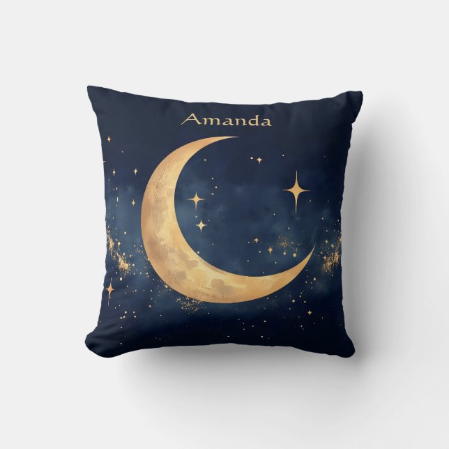 Personalized Crescent Moon and Stars Night Sky Throw Pillow (Front)