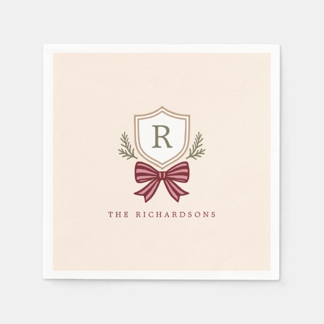 Personalized Crest Bow Monogram Christmas Party Napkin (Front)