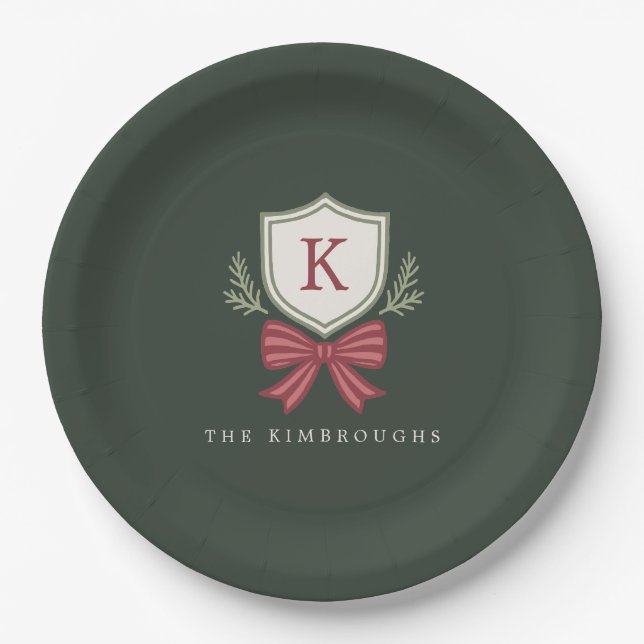 Personalized Crest Bow Monogram Christmas Party Paper Plate (Front)