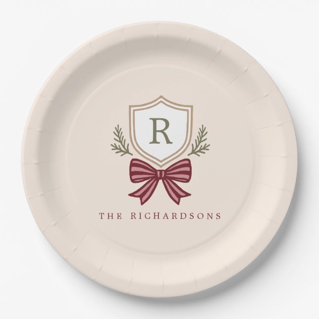 Personalized Crest Bow Monogram Christmas Party Paper Plate (Front)