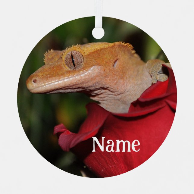 Personalized Crested Gecko Lizard on a Rose Metal Ornament (Front)