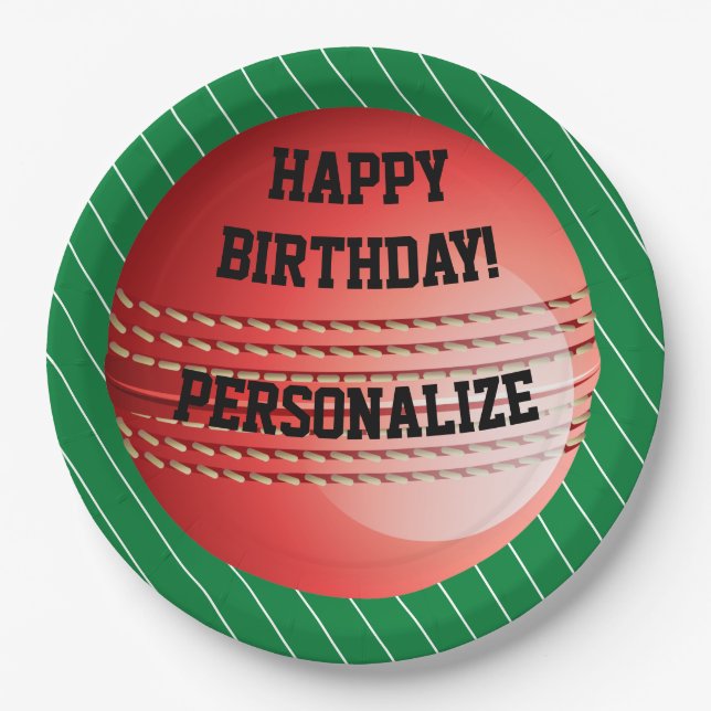 Personalized Cricket Ball Happy Birthday Paper Plate (Front)