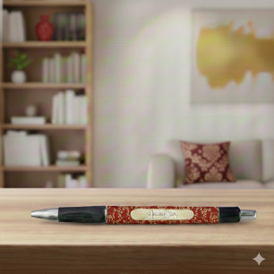 Personalized Crimson Gold Damask Pattern Pen