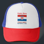 Personalized Croatia Flag  Trucker Hat<br><div class="desc">Personalized trucker hat features the Croatian Flag with the word Croatia written below, in the colors of the flag. Add your name in red letters, in the space provided for a personal look. Or, create a unique gift by adding a name. Cool to wear to a family reunion or to...</div>